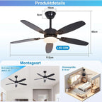 Homefire Deckenventilator mit Licht und Fernbedienung - 110cm Deckenventilatorn mit Beleuchtung Doppelseitige Flügeln, 6 Gänge, Leiser, 3CCT, Dimmbar, Timer, lampe mit ventilator Wohnzimmer Büro - Homefire