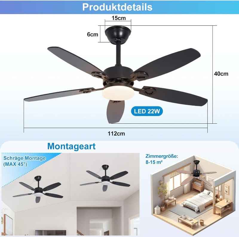 Homefire Deckenventilator mit Licht und Fernbedienung - 110cm Deckenventilatorn mit Beleuchtung Doppelseitige Flügeln, 6 Gänge, Leiser, 3CCT, Dimmbar, Timer, lampe mit ventilator Wohnzimmer Büro - Homefire