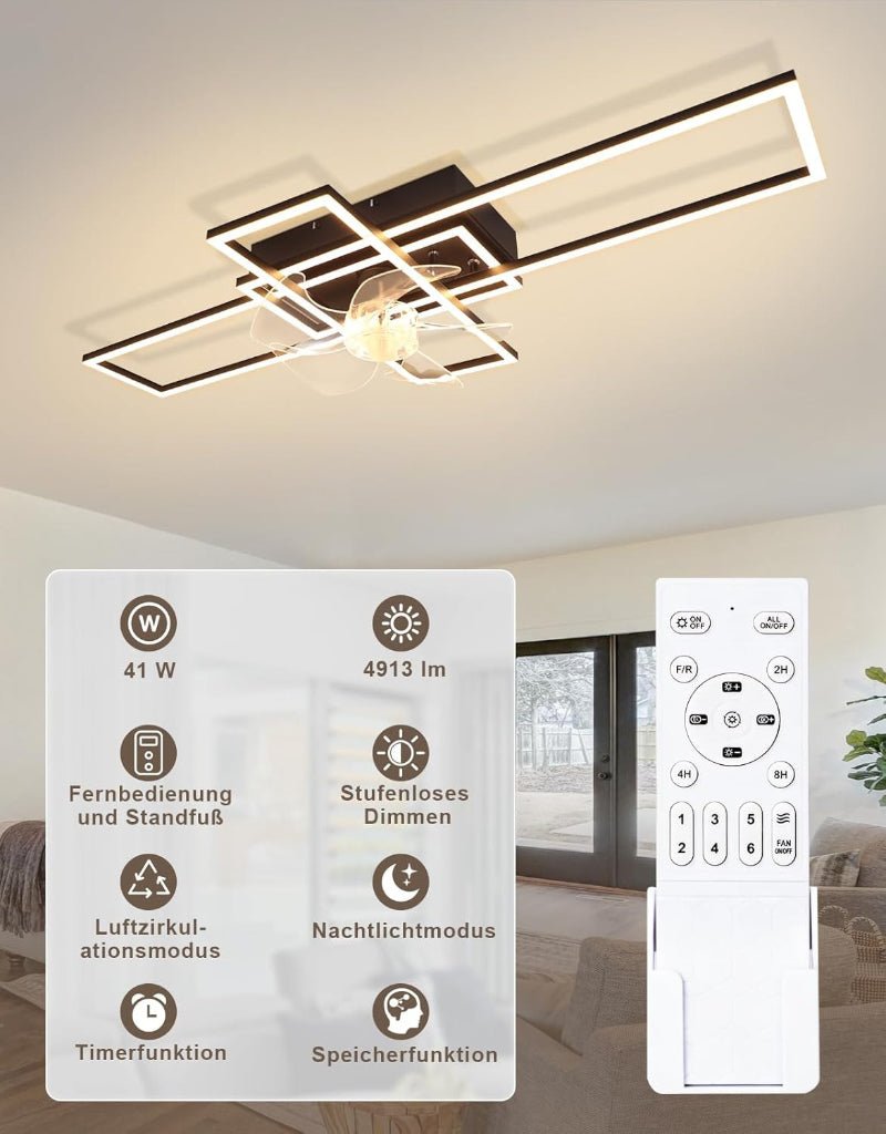 Homefire Deckenventilator mit Licht und Fernbedienung - Modern Deckenventilator mit Beleuchtung Dimmbar LED Deckenlampe Ventilator 6-Gang Leise Timer für Wohnzimmer Esszimmer Schlafzimmer 94cm - Homefire