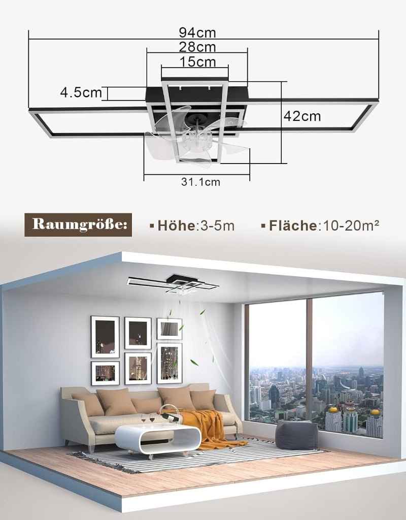 Homefire Deckenventilator mit Licht und Fernbedienung - Modern Deckenventilator mit Beleuchtung Dimmbar LED Deckenlampe Ventilator 6-Gang Leise Timer für Wohnzimmer Esszimmer Schlafzimmer 94cm - Homefire