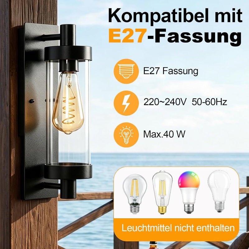 Homefire LED Außenwandleuchten Wandlampe Aussen - Wandleuchte Vintage E27 Aussenlampe Wandbeleuchtung Schwarz IP65 lampe Flur Wand Hauswand Terrasse Balkon Garten MAX.40W ohne Leuchtmittel - Homefire