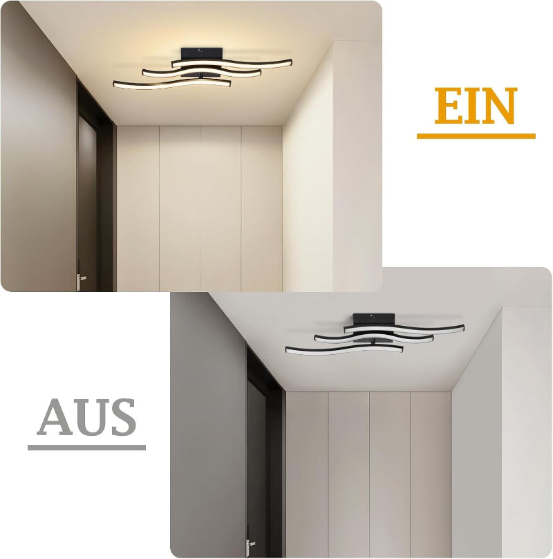 Homefire LED Deckenlampe Schlafzimmer Deckenleuchte: Modern Schlafzimmerlampe Schwarz 18W Wohnzimmerlampe 3000K Wellen Design Küchenlampe Innen Warmweiß Flurlampe für Wohnzimmer Küche Flur - Homefire