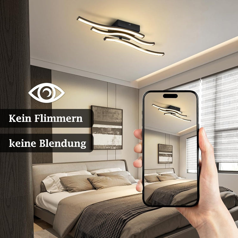 Homefire LED Deckenlampe Schlafzimmer Deckenleuchte: Modern Schlafzimmerlampe Schwarz 18W Wohnzimmerlampe 3000K Wellen Design Küchenlampe Innen Warmweiß Flurlampe für Wohnzimmer Küche Flur - Homefire