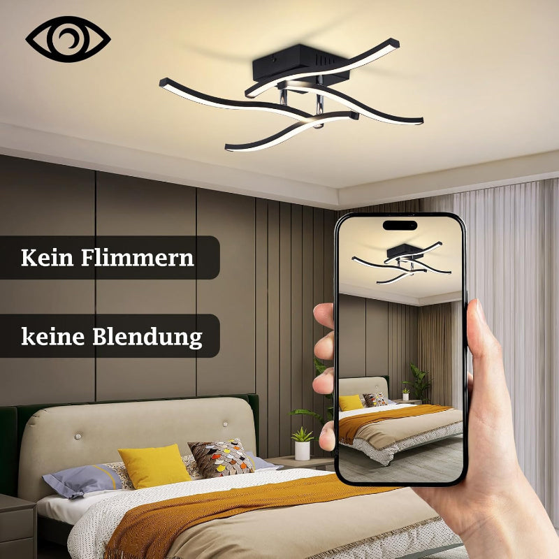 Homefire LED Deckenlampe Wohnzimmer Deckenleuchte: 24W Wohnzimmerlampe Schwarz Modern Schlafzimmer Lampe Decke 3000K Wellen Design Küchenlampe Warmweiß Deckenbeleuchtung für Küche Flur Büro - Homefire