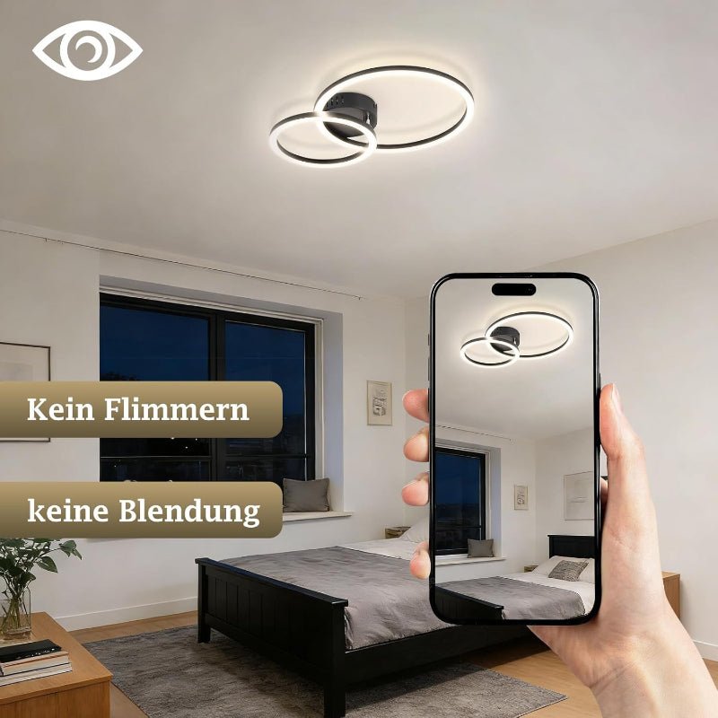 Homefire LED Deckenlampe Wohnzimmer Deckenleuchte 4000K - 40cm Schwarz Küchenlampe 23W Wohnzimmerlampe Modern Schlafzimmerlampe 2-Ringe Design Deckenbeleuchtung für Küche Schlafzimmer Flur Büro - Homefire