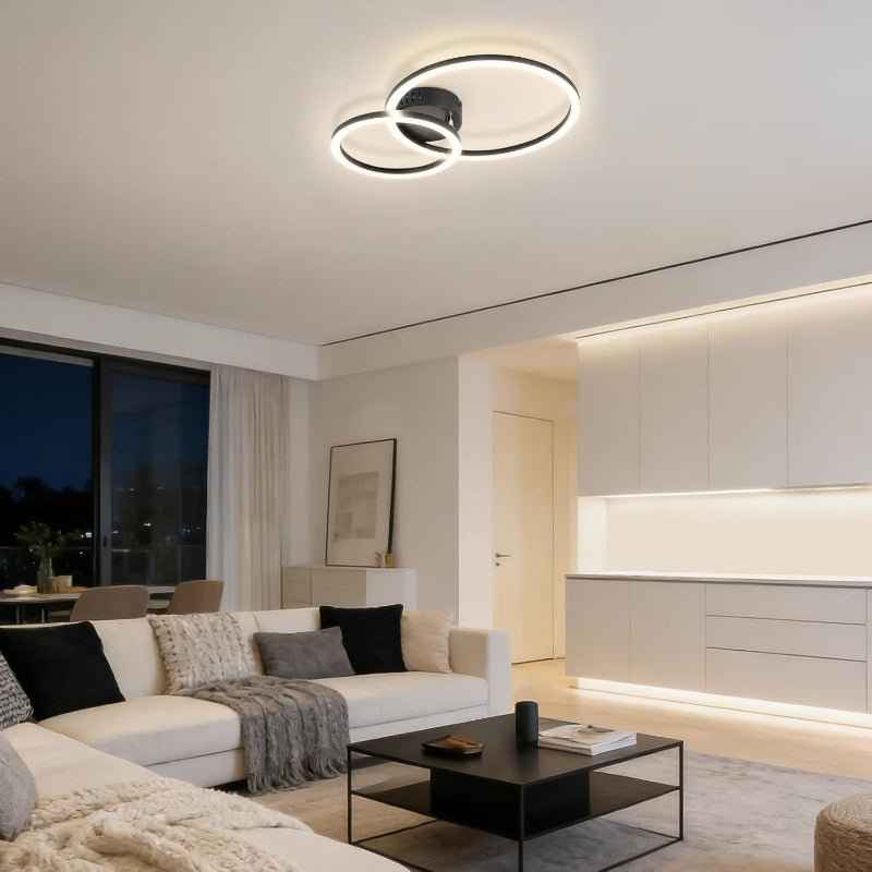 Homefire LED Deckenlampe Wohnzimmer Deckenleuchte 4000K - 40cm Schwarz Küchenlampe 23W Wohnzimmerlampe Modern Schlafzimmerlampe 2-Ringe Design Deckenbeleuchtung für Küche Schlafzimmer Flur Büro - Homefire