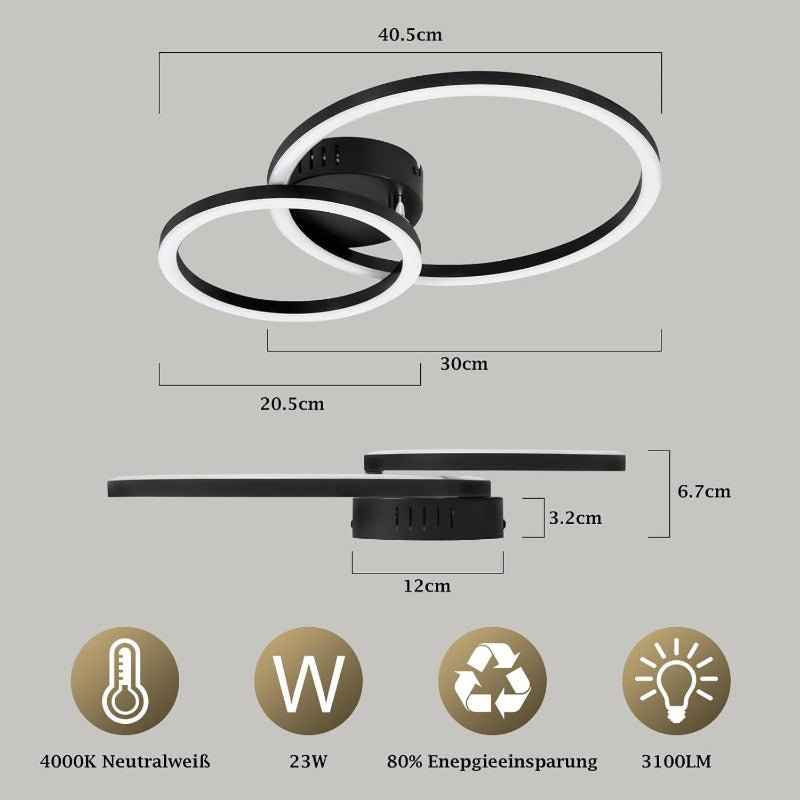 Homefire LED Deckenlampe Wohnzimmer Deckenleuchte 4000K - 40cm Schwarz Küchenlampe 23W Wohnzimmerlampe Modern Schlafzimmerlampe 2-Ringe Design Deckenbeleuchtung für Küche Schlafzimmer Flur Büro - Homefire