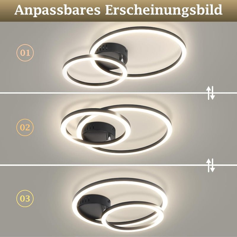 Homefire LED Deckenlampe Wohnzimmer Deckenleuchte 4000K - 40cm Schwarz Küchenlampe 23W Wohnzimmerlampe Modern Schlafzimmerlampe 2-Ringe Design Deckenbeleuchtung für Küche Schlafzimmer Flur Büro - Homefire