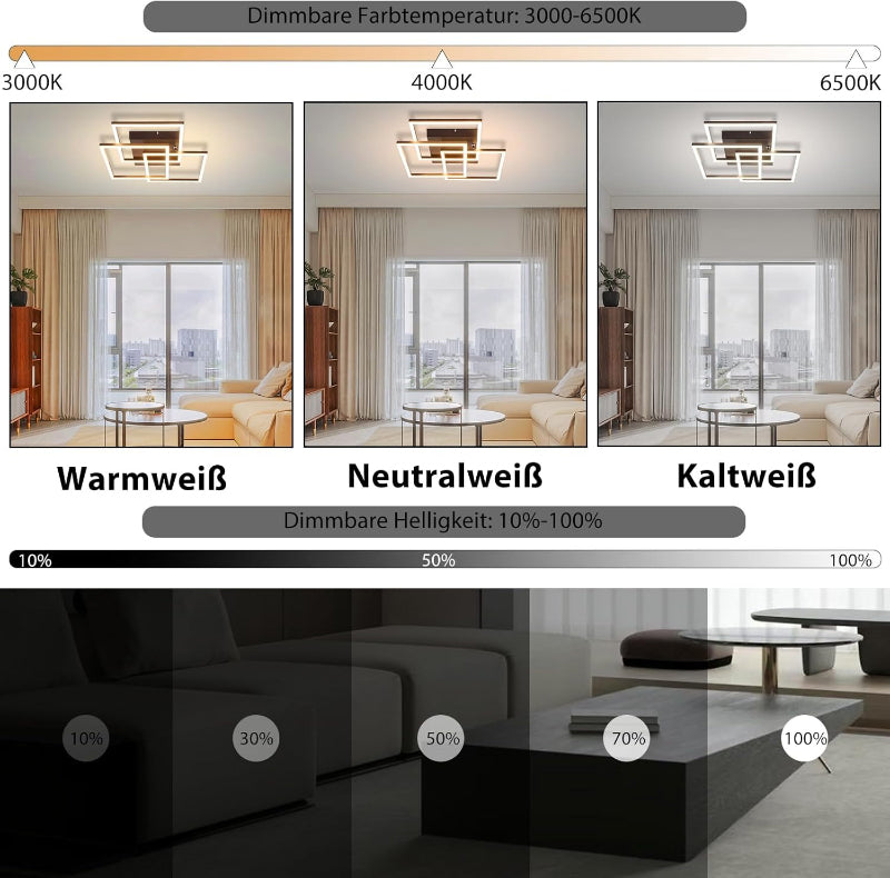 Homefire LED Deckenlampe Wohnzimmer Deckenleuchte - 40CM 36W Schwarz Küchenlampe Dimmbar 3000-6500K mit Fernbedienung Modern Schlafzimmerlampe 3 Rahmen Design aus Metall Deckenleuchten für Küche Büro [Energieklasse E] - Homefire