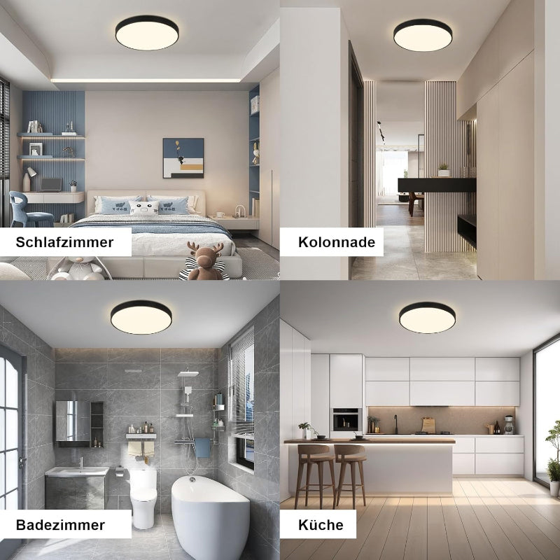 Homefire LED Deckenleuchte Deckenlampe Schwarz - Küchenlampe Flach Rund Ø21cm Flurlampe 12W 3000K Badlampe IP44 Wasserfest für Wohnzimmer Badezimmer Schlafzimmer Küche Balkon Keller Büro [Energieklasse F] - Homefire