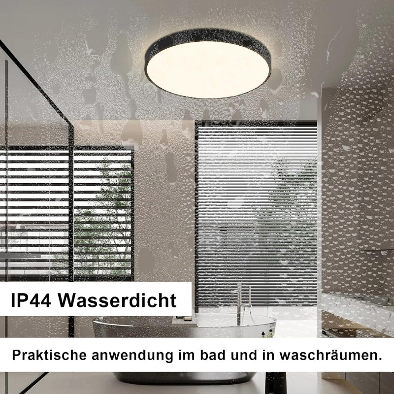 Homefire LED Deckenleuchte Deckenlampe Schwarz - Küchenlampe Flach Rund Ø21cm Flurlampe 12W 3000K Badlampe IP44 Wasserfest für Wohnzimmer Badezimmer Schlafzimmer Küche Balkon Keller Büro [Energieklasse F] - Homefire