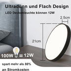 Homefire LED Deckenleuchte Deckenlampe Schwarz - Küchenlampe Flach Rund Ø21cm Flurlampe 12W 3000K Badlampe IP44 Wasserfest für Wohnzimmer Badezimmer Schlafzimmer Küche Balkon Keller Büro [Energieklasse F] - Homefire
