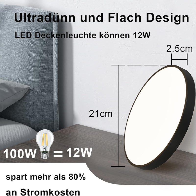 Homefire LED Deckenleuchte Deckenlampe Schwarz - Küchenlampe Flach Rund Ø21cm Flurlampe 12W 3000K Badlampe IP44 Wasserfest für Wohnzimmer Badezimmer Schlafzimmer Küche Balkon Keller Büro [Energieklasse F] - Homefire