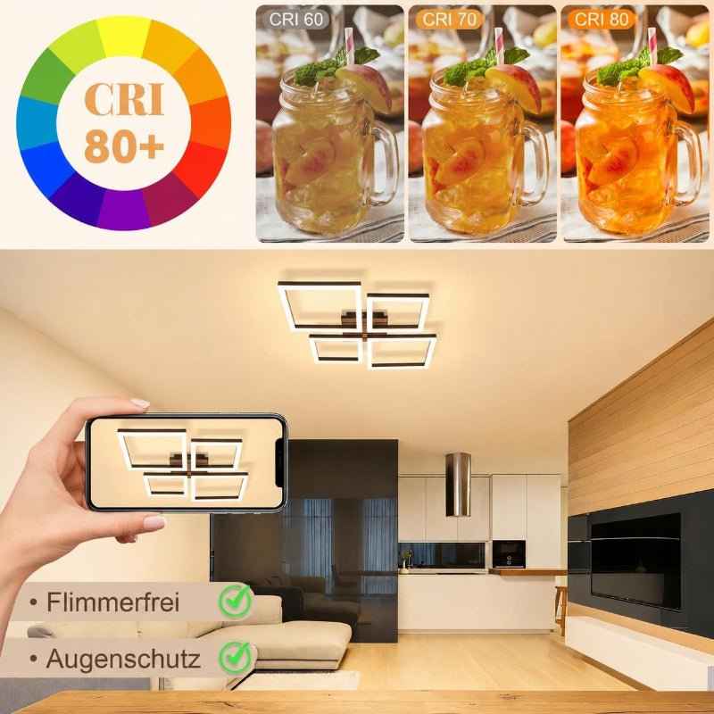 Homefire LED Deckenleuchte Deckenlampe Wohnzimmer - 66CM Wohnzimmerlampe Modern Design Schlafzimmer Schwarz 3000K Warmweiß Schlafzimmerlampe in Holzoptik Deckenbeleuchtung für Küche Esszimmer - Homefire