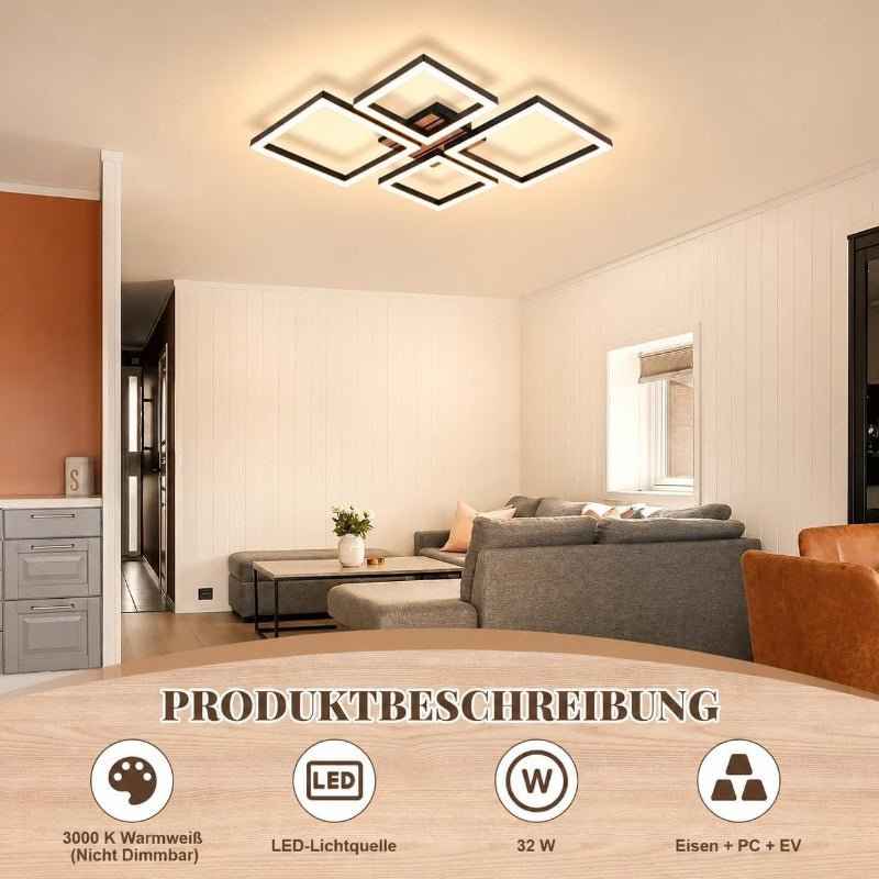 Homefire LED Deckenleuchte Deckenlampe Wohnzimmer - 66CM Wohnzimmerlampe Modern Design Schlafzimmer Schwarz 3000K Warmweiß Schlafzimmerlampe in Holzoptik Deckenbeleuchtung für Küche Esszimmer - Homefire