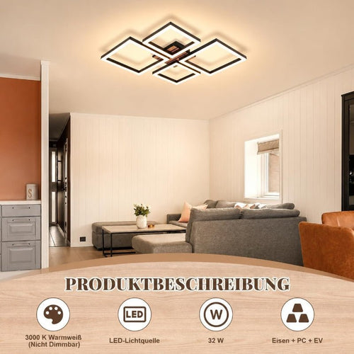 Homefire LED Deckenleuchte Deckenlampe Wohnzimmer - 66CM Wohnzimmerlampe Modern Design Schlafzimmer Schwarz 3000K Warmweiß Schlafzimmerlampe in Holzoptik Deckenbeleuchtung für Küche Esszimmer - Homefire