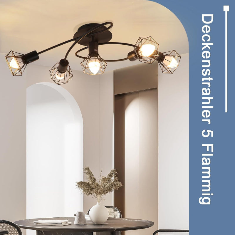 Homefire LED Deckenleuchte E14 Deckenlampe Schwarz - Deckenstrahler 5 Flammig Industrial Deckenspots Vintage Retro Spotlight Wohnzimmer Küche Ohne Leuchtmittel - Homefire