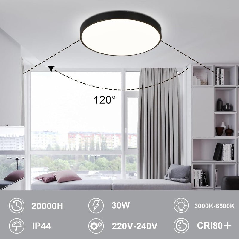 Homefire LED Deckenleuchte Schwarz Dimmbar - Deckenlampe Flur Rund 30W mit Fernbedienung Ø27cm Badzimmerlampe Flach 3000K-6500K für Küche Korridor Badezimmer Balkon Kinderzimmer Wohnzimmer [Energieklasse F] - Homefire