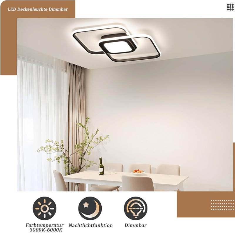 Homefire LED Deckenleuchte Wohnzimmer Deckenlampe - Schwarz Modern 48W Schlafzimmerlampe Dimmbar mit Fernbedienung Metall Design Wohnzimmerlampe für Schlafzimmer Kinderzimmer Küche Esszimmer [Energieklasse G] - Homefire