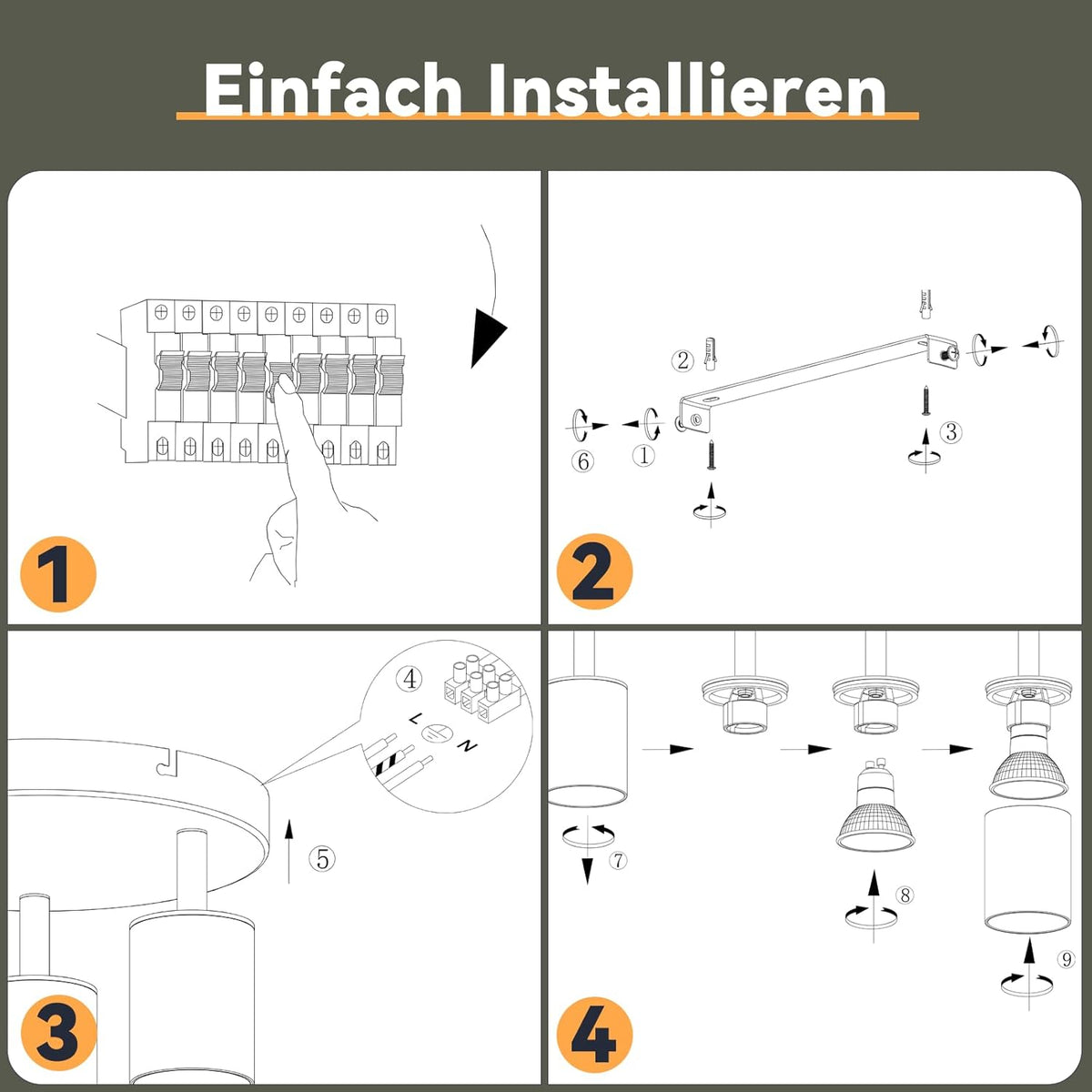 Homefire LED Deckenstrahler Deckenlampe Schwarz - 3 Flammig GU10 Deckenleuchte 350° Schwenkbar Strahler Spots Innen Deckenspot flurlampe für Wohnzimmer Küche Ohne Leuchtmittel - Homefire