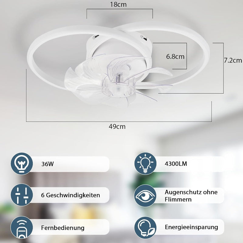 Homefire LED Deckenventilator Mit Beleuchtung - 36W Modern Deckenleuchte Ventilator Leise Mit Fernbedienung 3 Farbtemperatur 6-Gang Weiß Schlafzimmer Ventilator Lampe für Esszimmer Büro Kinderzimmer - Homefire