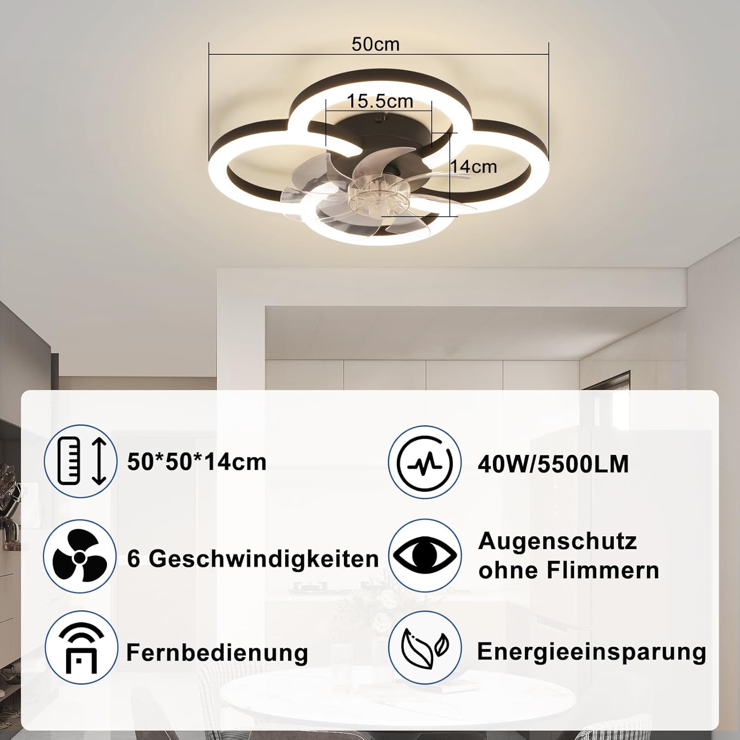 Homefire LED Deckenventilator Mit Beleuchtung - 40W Leise Schwarz Deckenlampe Ventilator mit Fernbedienung Dimmbar Modern Deckenleuchte 6-Gang Timer Schlafzimmer Deckenventilatoren für Küche Esszimmer [Energieklasse D] - Homefire