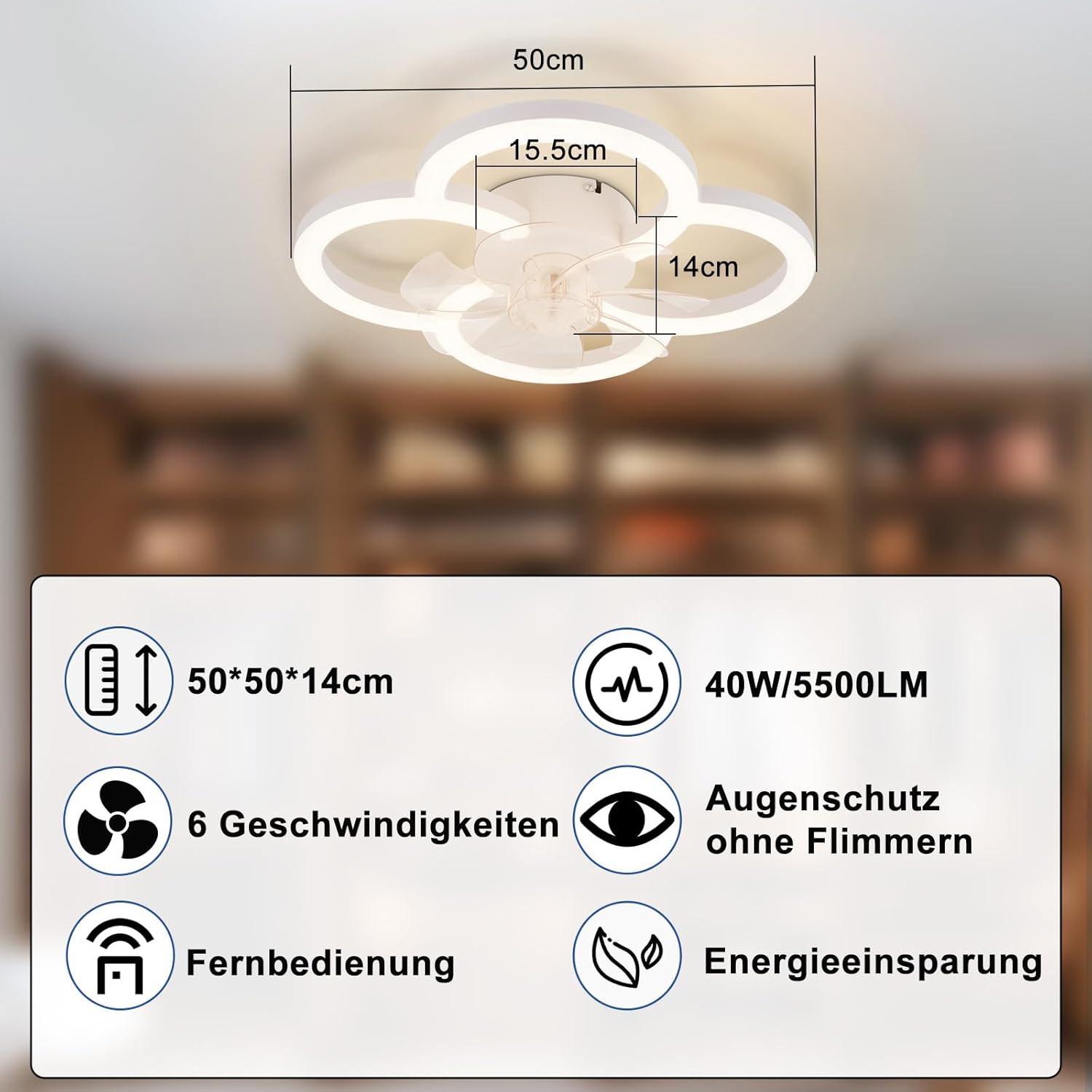 Homefire LED Deckenventilator Mit Beleuchtung - Deckenleuchte Ventilator Leise mit Fernbedienung Dimmbar Wohnzimmer Deckenleuchte 6-Gang Timer Weiß Ventilator Lampe für Jugendzimmer Büro Kinderzimmer - Homefire