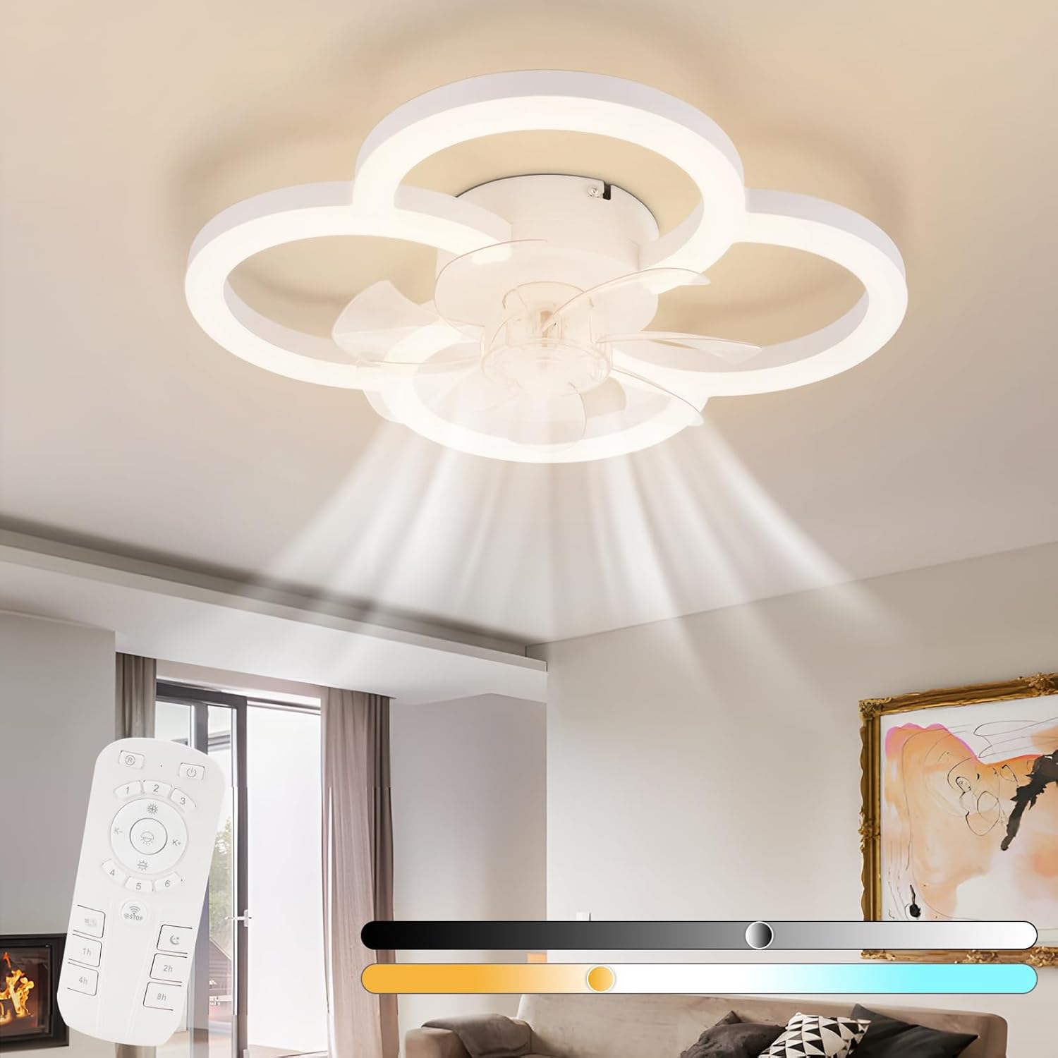Homefire LED Deckenventilator Mit Beleuchtung - Deckenleuchte Ventilator Leise mit Fernbedienung Dimmbar Wohnzimmer Deckenleuchte 6-Gang Timer Weiß Ventilator Lampe für Jugendzimmer Büro Kinderzimmer - Homefire