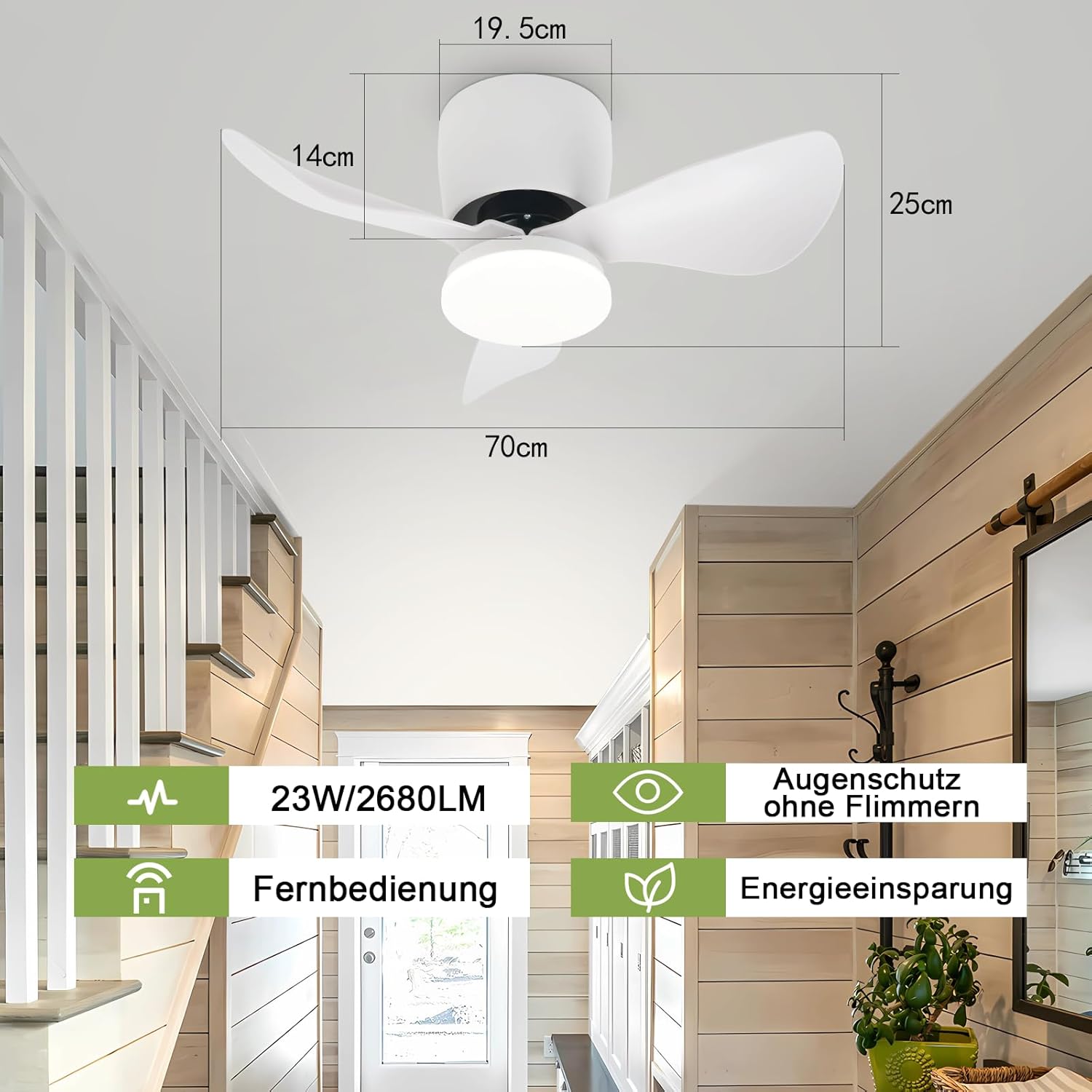Homefire LED Deckenventilator Mit Beleuchtung Leise - 70CM Dimmbar Deckenventilatoren mit Fernbedienung Modern 23W Weiß Wohnzimmer Deckenlampe mit Ventilator Sommer/Winter 6-Gang Timer für Esszimmer [Energieklasse E] - Homefire