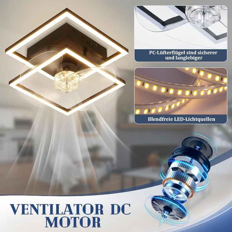 Homefire LED Deckenventilator Mit Beleuchtung - Leise Deckenlampe Mit Ventilator Und Fernbedienung Schwarz 3000-6500K Dimmbar Modern Deckenventilatoren Mit Licht 6-Gang DC-Motor Timer für Schlafzimmer - Homefire