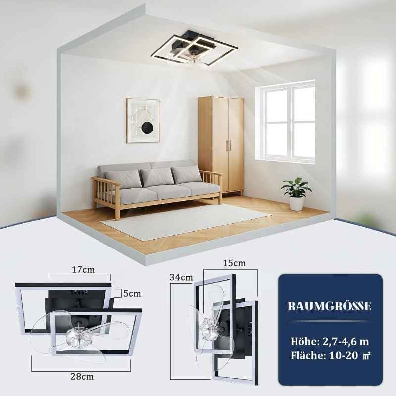 Homefire LED Deckenventilator Mit Beleuchtung - Leise Deckenlampe Mit Ventilator Und Fernbedienung Schwarz 3000-6500K Dimmbar Modern Deckenventilatoren Mit Licht 6-Gang DC-Motor Timer für Schlafzimmer - Homefire