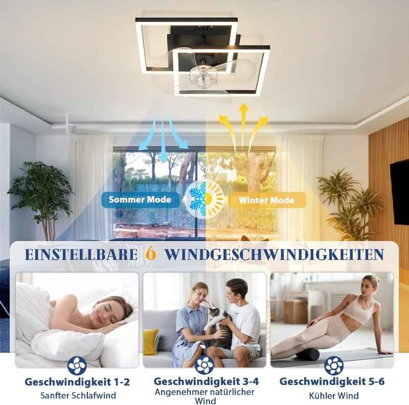 Homefire LED Deckenventilator Mit Beleuchtung - Leise Deckenlampe Mit Ventilator Und Fernbedienung Schwarz 3000-6500K Dimmbar Modern Deckenventilatoren Mit Licht 6-Gang DC-Motor Timer für Schlafzimmer - Homefire