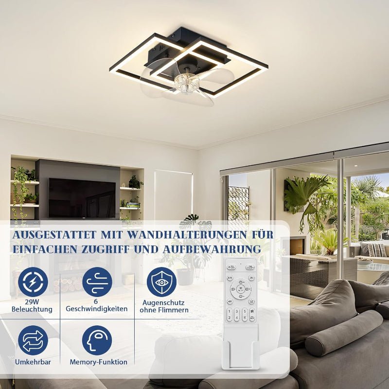 Homefire LED Deckenventilator Mit Beleuchtung - Leise Deckenlampe Mit Ventilator Und Fernbedienung Schwarz 3000-6500K Dimmbar Modern Deckenventilatoren Mit Licht 6-Gang DC-Motor Timer für Schlafzimmer - Homefire