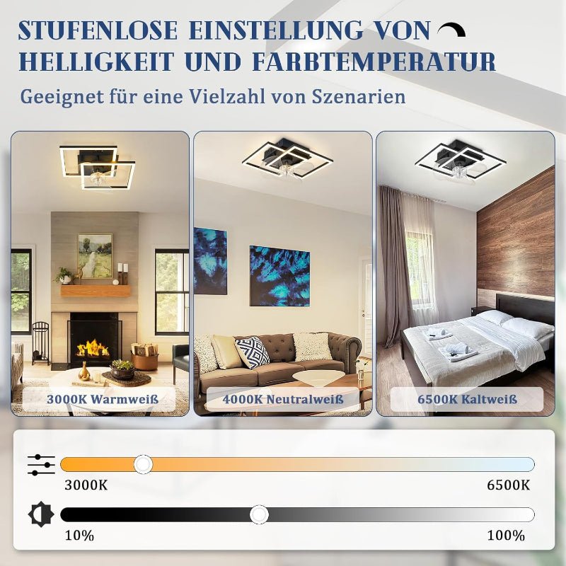 Homefire LED Deckenventilator Mit Beleuchtung - Leise Deckenlampe Mit Ventilator Und Fernbedienung Schwarz 3000-6500K Dimmbar Modern Deckenventilatoren Mit Licht 6-Gang DC-Motor Timer für Schlafzimmer - Homefire