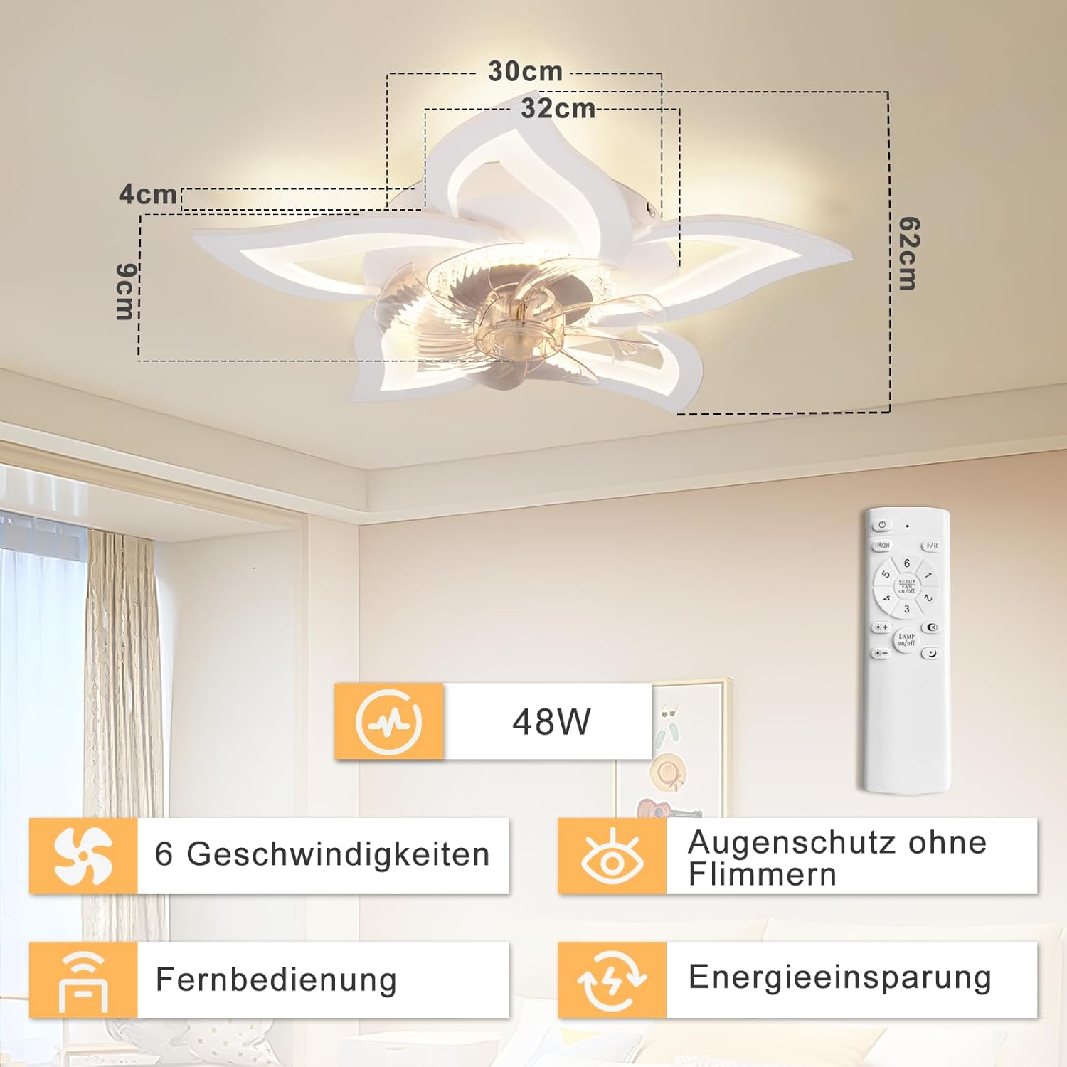 Homefire LED Deckenventilator Mit Beleuchtung - Modern Deckenleuchte mit Ventilator Leise 48W Fernbedienung Dimmbar 3 Farbtemperatur 6-Gang Timer Weiß Ventilator Lampe für Jugendzimmer Kinderzimmer [Energieklasse E] - Homefire