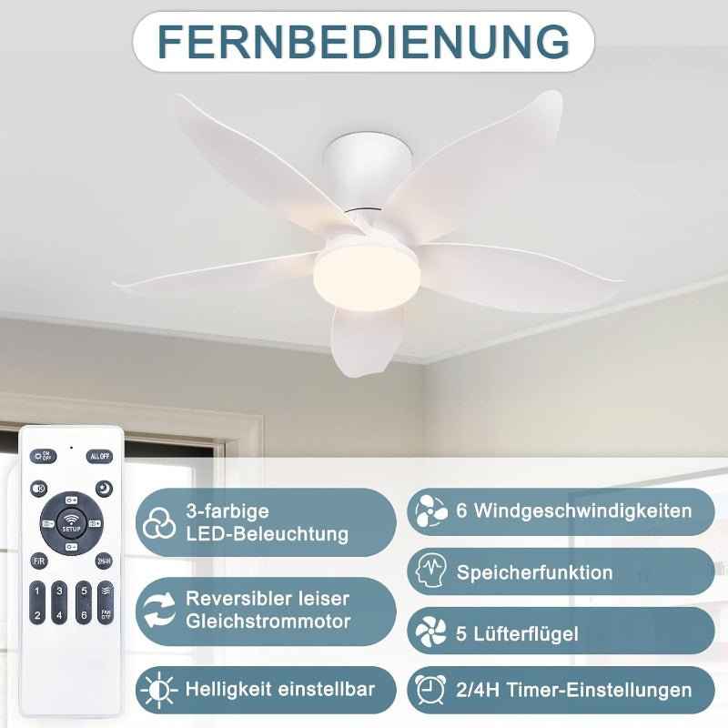 Homefire LED Deckenventilator mit Beleuchtung und Fernbedienung - 34W Deckenleuchte mit Ventilator Weiß 95cm, 6 Geschwindigkeiten, Leise, Dimmbare, Lampe mit Ventilator für Schlafzimmer Wohnzimmer - Homefire