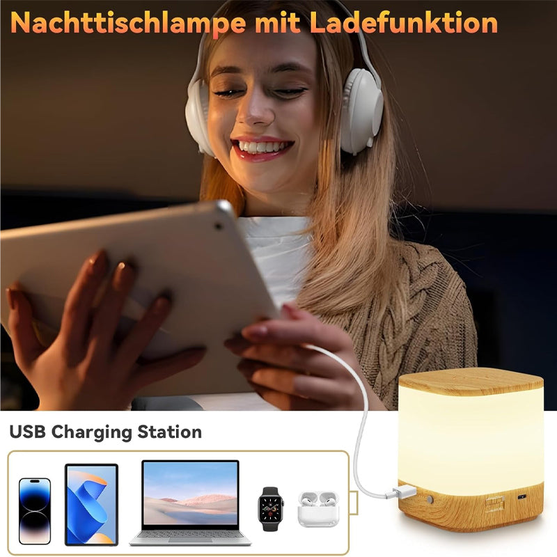 Homefire LED Nachttischlampe Touch Dimmbar: Tischlampe Akku 1800mAH USB Aufladbar Nachttischlampe Kabellos mit 3 Farbtemperaturen&Timing Nachtlicht Kinder für Schlafzimmer (Holzmaserung, 1800mAH) - Homefire