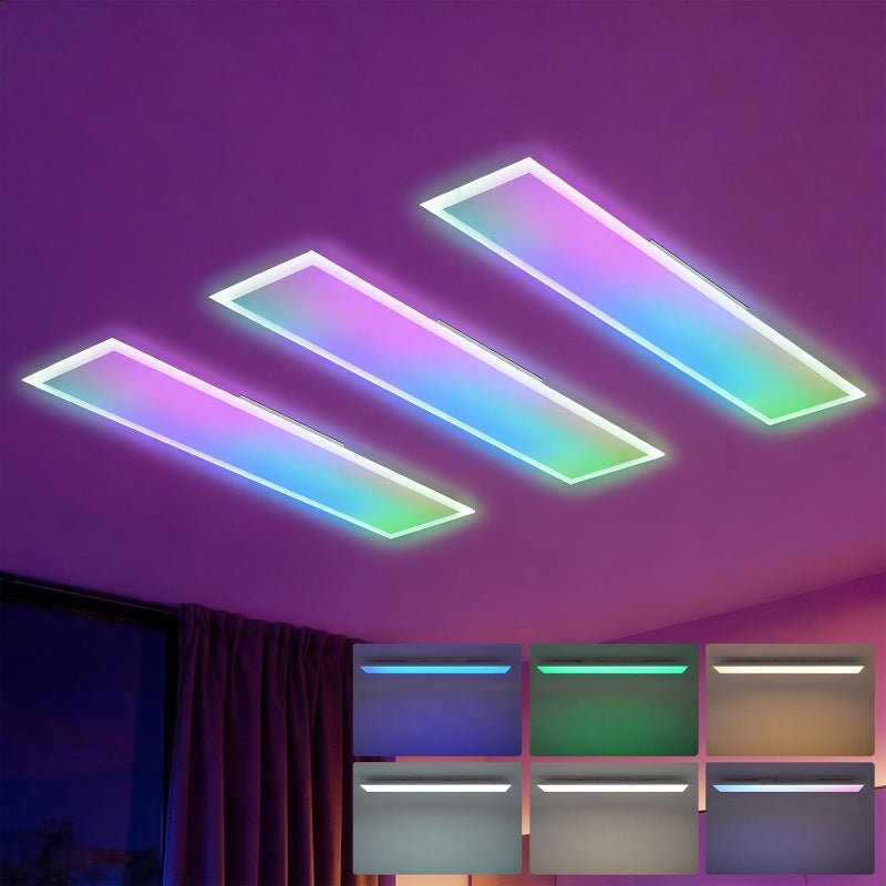 Homefire LED Panel 100x25 Dimmbar - Deckenpanel RGB Backlight Farbwechsel Büro Lang Deckenleuchte Flach mit Fernbedienung Groß Bürolampe 24W Schwarz Rechteckig Deckenlampe für Spielzimmer Wohnzimmer - Homefire