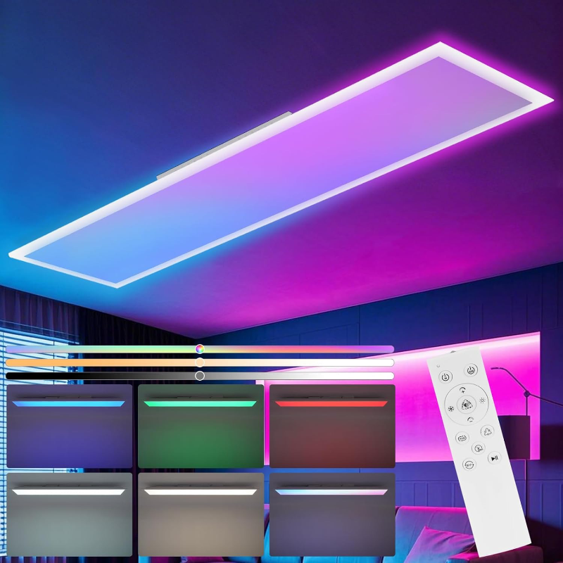 Homefire LED Panel 100x25 RGB Dimmbar - Deckenpanel Dimmbar Lang Tageslichtlampe GRB Backlight Farbwechsel Bürolampe Flach Büro Deckenlampe 24W für Werkstatt Flur Küche Wohnzimmer - Homefire