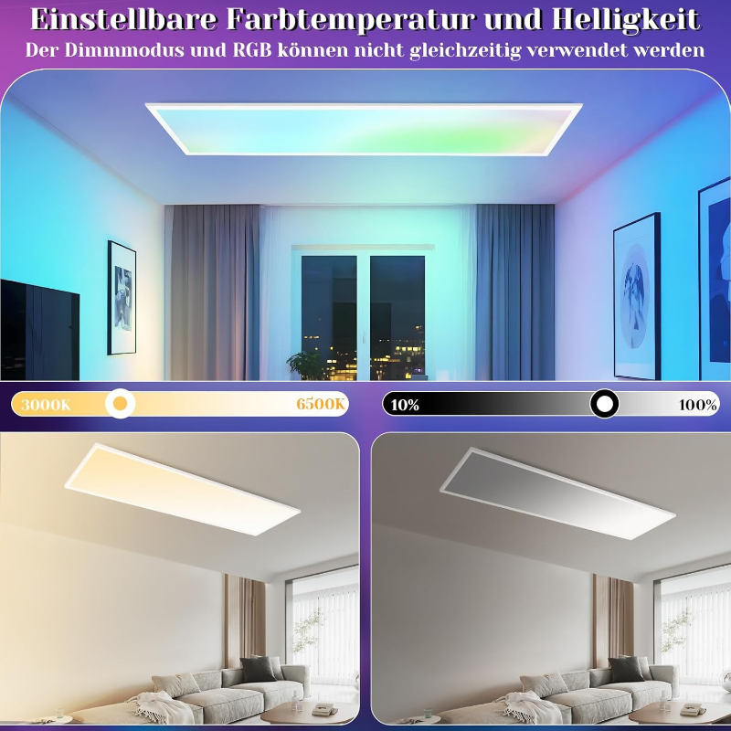 Homefire LED Panel 120x30cm - LED Deckenleuchte Dimmbar RGB Farbwechsel Deckenpanel Bürolampe 39W Weiß Flach Lang Deckenlampe mit Speicherfunktion für Wohnzimmer Büro Schlafzimmer - Homefire
