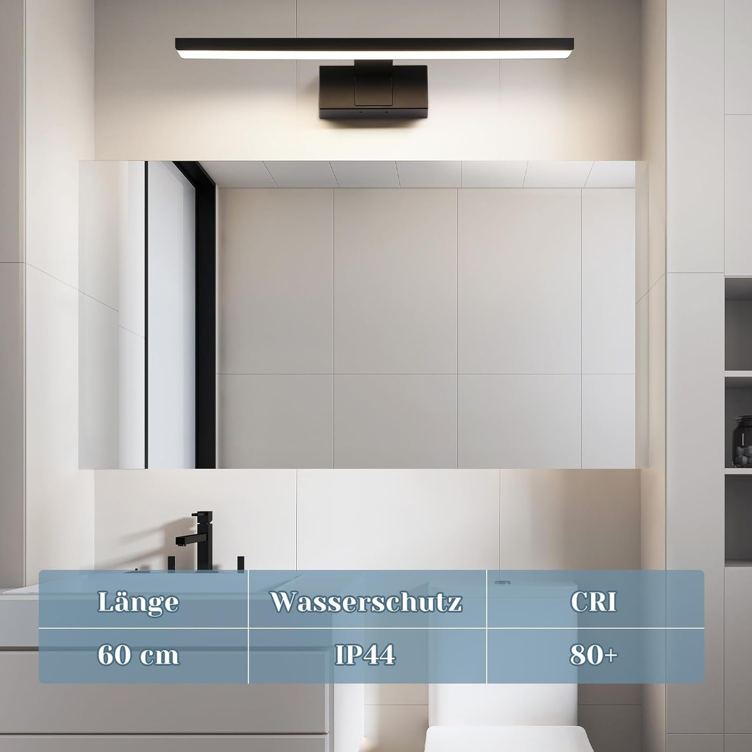 Homefire LED Spiegelleuchte Bad - 60CM Spiegellampe Schwarz Badezimmer Badlampe Wand Wasserdicht IP44 Wandlampe Modern Neutralweiß 4000K Wandleuchte für Keller Küche Badschrank [Energieklasse F] - Homefire
