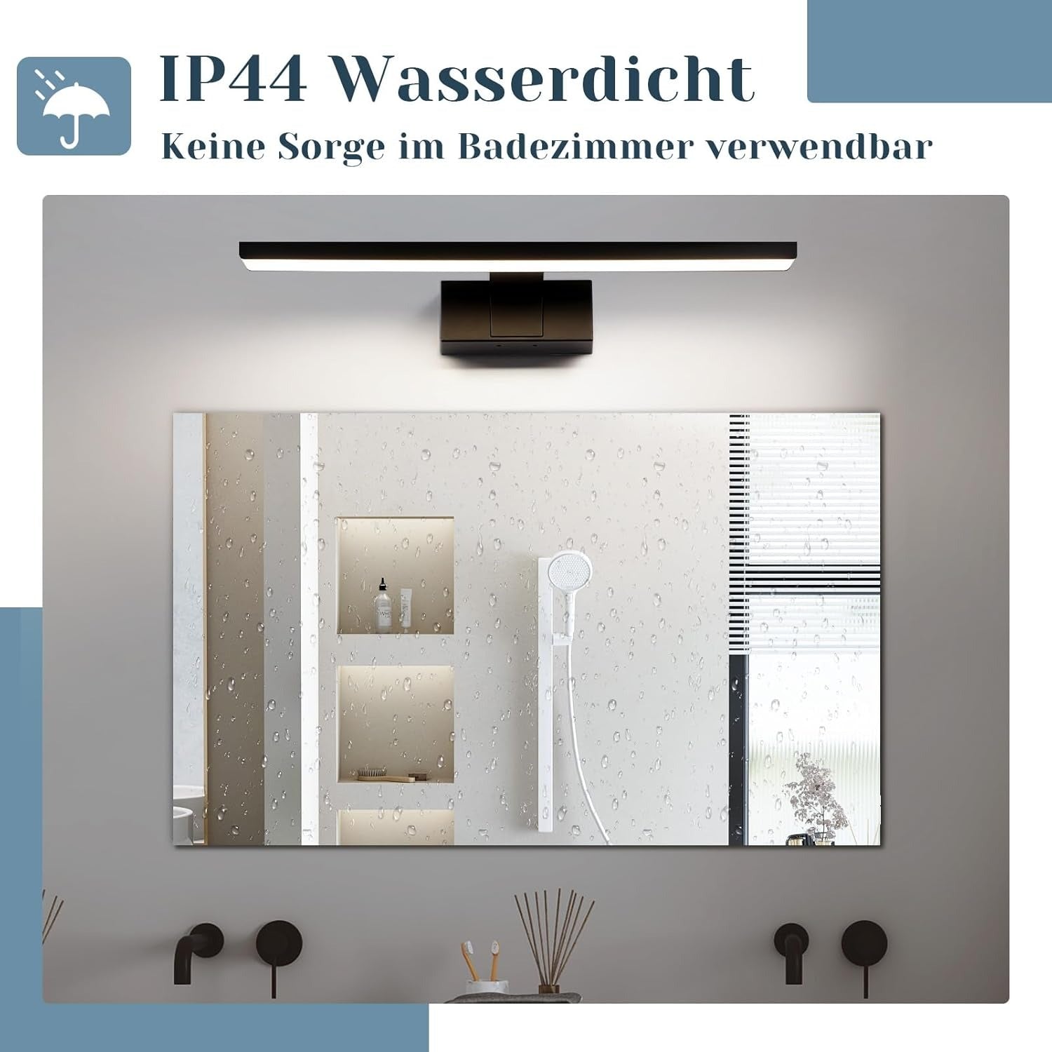 Homefire LED Spiegelleuchte Bad - 60CM Spiegellampe Schwarz Badezimmer Badlampe Wand Wasserdicht IP44 Wandlampe Modern Neutralweiß 4000K Wandleuchte für Keller Küche Badschrank [Energieklasse F] - Homefire