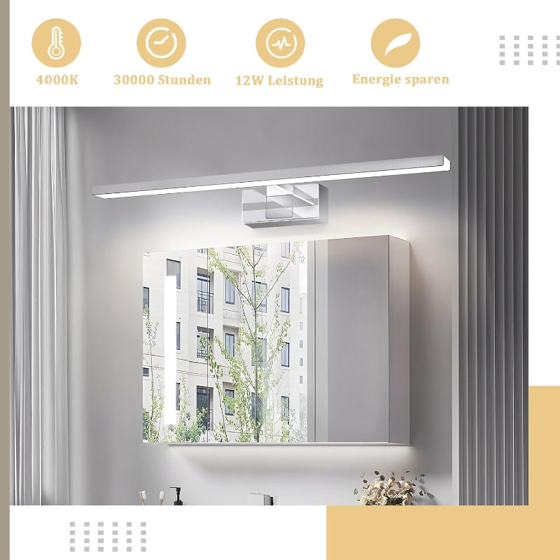 Homefire LED Spiegelleuchte Bad Spiegellampe -12W Badleuchte Wand 60CM Wandlampe Badezimmer Wasserdicht IP44 Wandleuchte Chrom Modern Neutralweiß 4000K Badlampe Wandmontage für Keller Küche Badschrank - Homefire