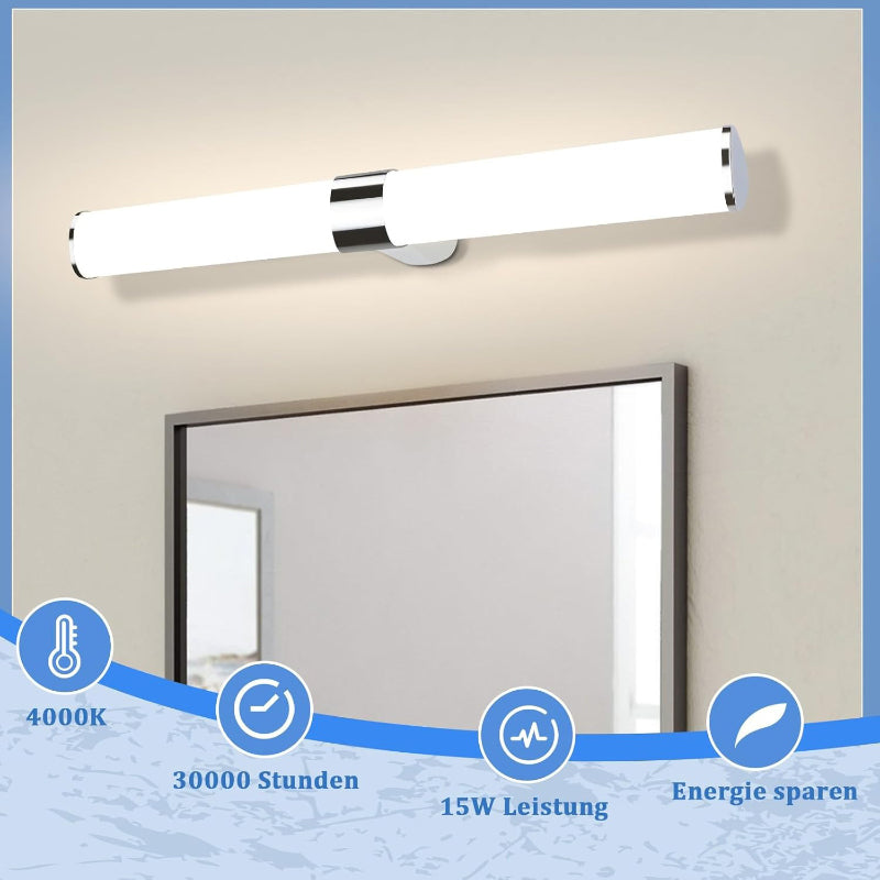 Homefire LED Spiegelleuchte Bad Spiegellampe - 15W Badleuchte Wand 60CM Chrom Wandlampe Wasserdicht IP44 Wandleuchte Neutralweiß 4000K Feuchtraumleuchte Modern für Badezimmer Keller Küche Badschrank [Energieklasse F] - Homefire