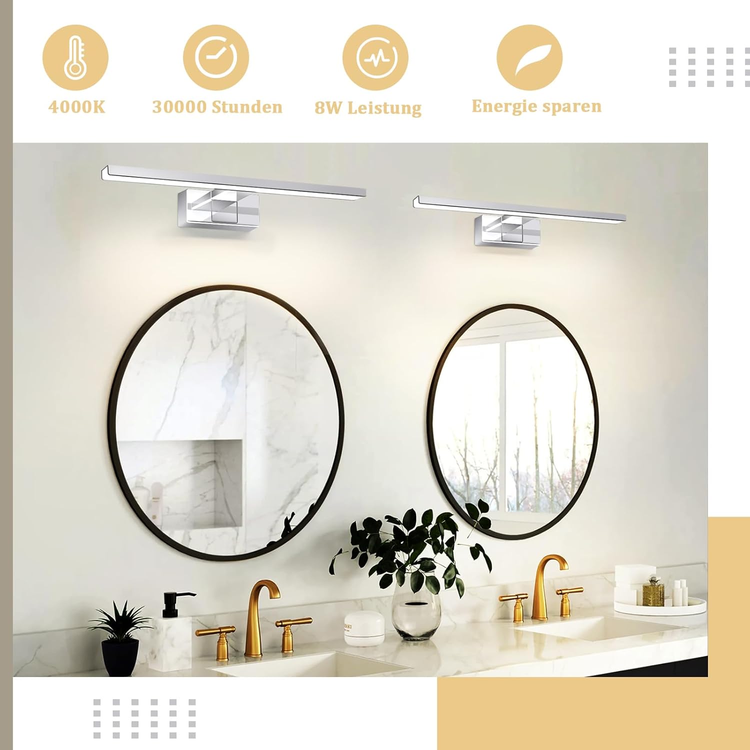 Homefire LED Spiegelleuchte Bad Spiegellampe - Badleuchte Wand 40CM Wandlampe Badezimmer 8W Wasserdicht IP44 Wandleuchte Chrom Modern Neutralweiß 4000K Badlampe Wandmontage für Keller Küche Badschrank - Homefire
