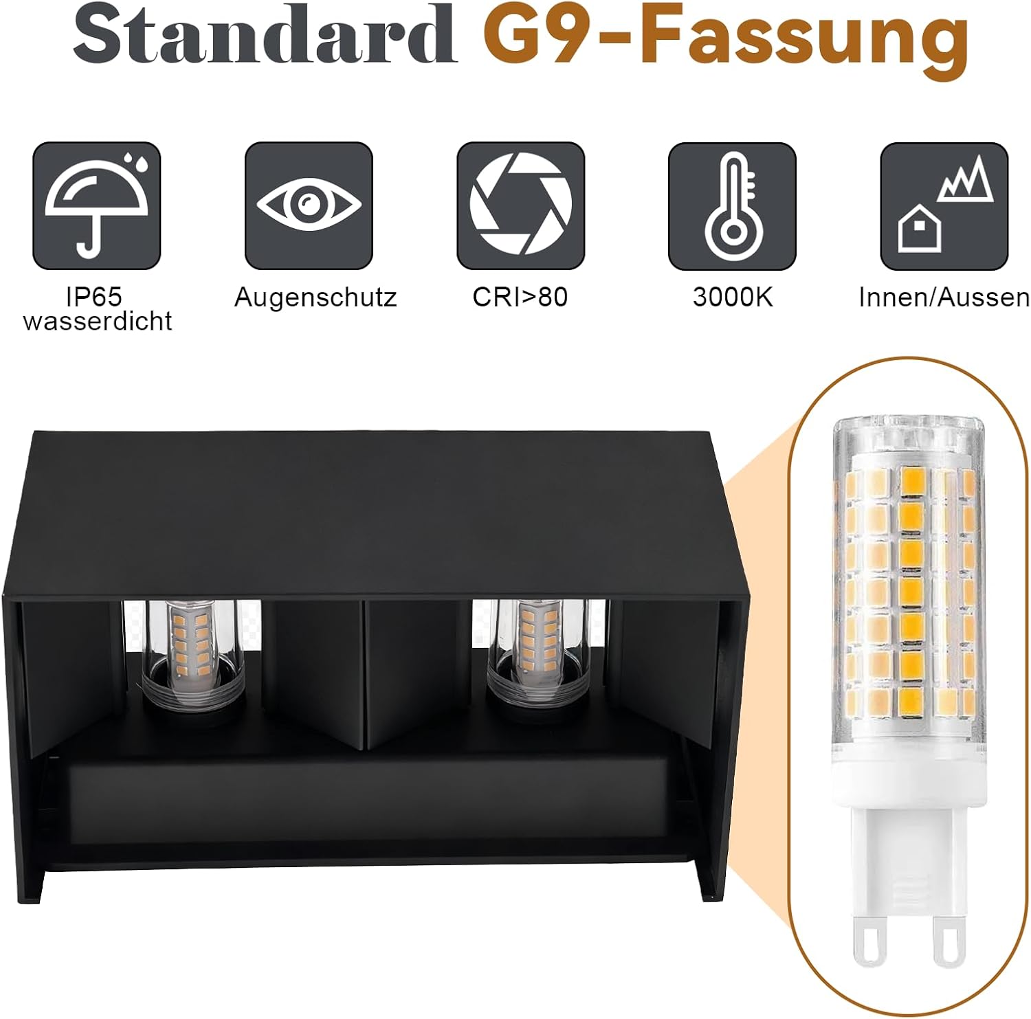 Homefire LED Wandleuchte Aussen Wandlampe - 4ER 2 Flammig Außenwandleuchte Schwarz IP65 Wasserdicht Aussenlampe 3000K Up Down Wandleuchten Innen/Aussen G9 Flurlampe für Hauswand Treppenhaus - Homefire