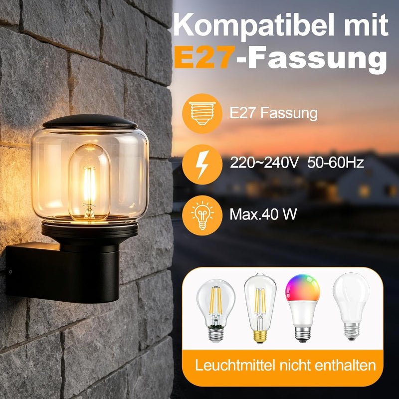Homefire LED Wandleuchte Innen & Aussen - Wandbeleuchtung E27 Terrassenbeleuchtung IP65 Wandlampe Hauswand AußEnlampe Wand Outdoor Wall AußEnleuchte Balkon Schlafzimmer MAX.40W ohne Leuchtmittel - Homefire