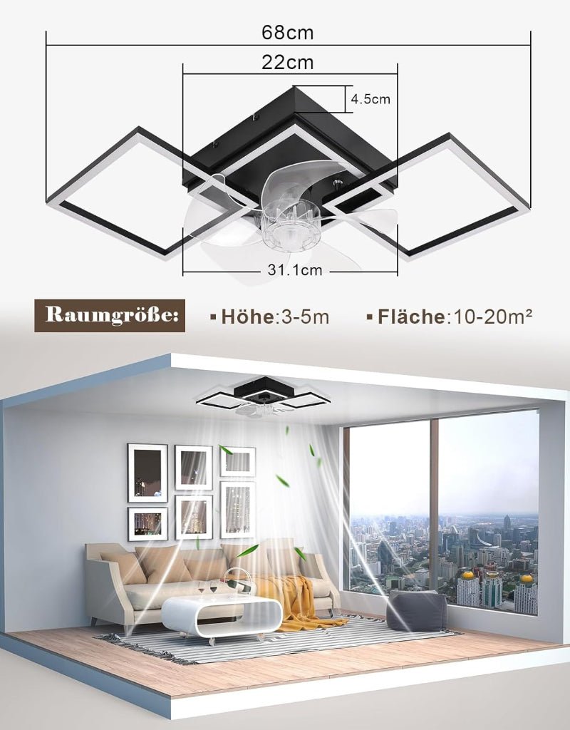 Homefire Moderne Deckenlampe mit Ventilator 68cm - Deckenventilator mit Beleuchtung 6-Gang LED Deckenventilatoren mit Licht Dimmbar mit Fernbedienung Timer für Wohnzimmer Esszimmer - Homefire