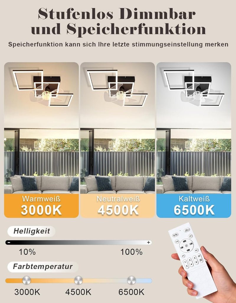 Homefire Moderne Deckenlampe mit Ventilator 68cm - Deckenventilator mit Beleuchtung 6-Gang LED Deckenventilatoren mit Licht Dimmbar mit Fernbedienung Timer für Wohnzimmer Esszimmer - Homefire