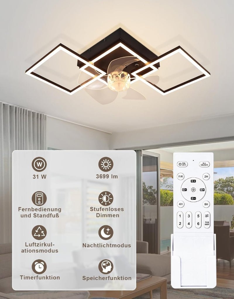 Homefire Moderne Deckenlampe mit Ventilator 68cm - Deckenventilator mit Beleuchtung 6-Gang LED Deckenventilatoren mit Licht Dimmbar mit Fernbedienung Timer für Wohnzimmer Esszimmer - Homefire